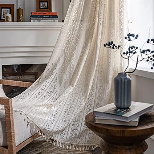 TOPSMCHER Boho Tassel Crochet Curtains for Windows,Vintage Rod Pocket Curtains 84 inches Long Linen Curtains Geometry Striped Knitted Lace Light Filtering Beige Curtains 2 Panel Set for Living Room.