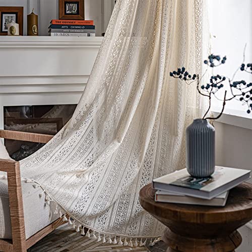 Topsmcher Boho Tassel Crochet Curtains For Windows,Vintage Rod Pocket Curtains 84 Inches Long Linen Curtains Geometry Striped Knitted Lace Light Filtering Beige Curtains 2 Panel Set For Living Room. #TOP20