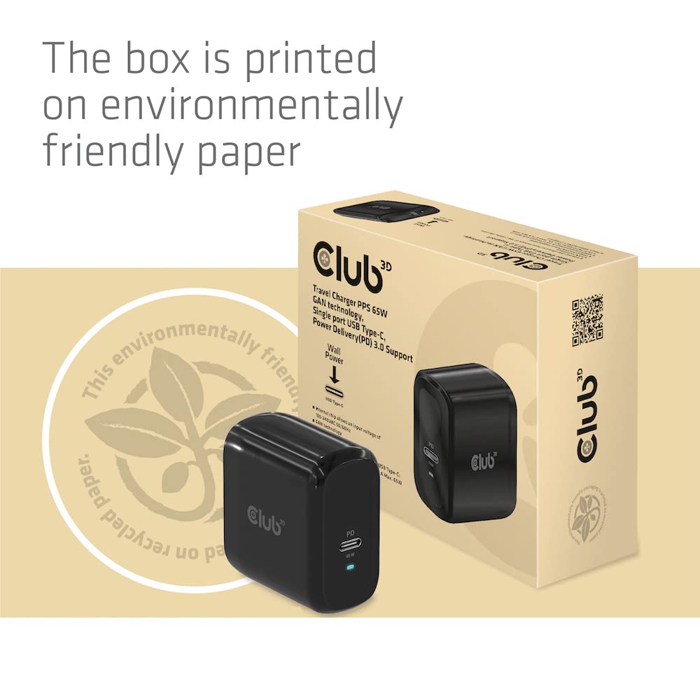 CLUB3D - Caricabatterie da Viaggio PPS 65 W, Tecnologia GAN Singola, USB Tipo C, Power Delivery(PD) 3.0, Supporto CAC-1905EU