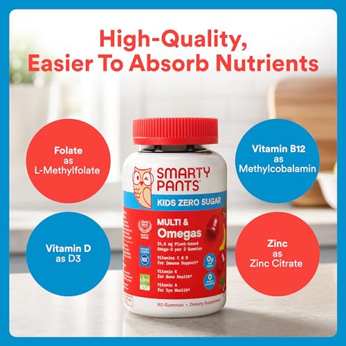 Image of SmartyPants Kids Zero Sugar Multi & Omegas Multivitamin Gummies with Omega 3 ALA, Vitamins D, C, A, Plant-Based, Clean Label, No Sugar Alcohols, Strawberry Banana Flavor, 60 Gummies (30 Day Supply)