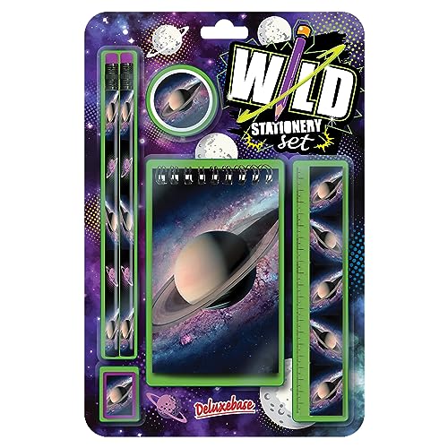 Wild Stationery Set - Space from Deluxebase. Animal Stationery Sets with 2 Pencils, Eraser, Pencil Sharpener, Ruler & Cute Notebook. Ideal Office Supplies, Desk Accessories & College Essentials.
