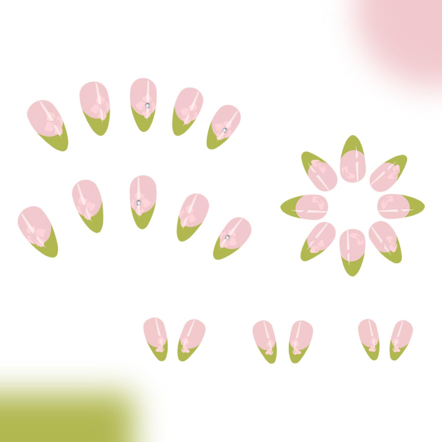 Flower Press-On Nails Medium Square French Tip Fake Nails Nude, Glitter Pink, Green with Floral Designs Winter Green Border Full Cover Glossy Glue on Acrylic Nails 24 Pcs Flower Almond9