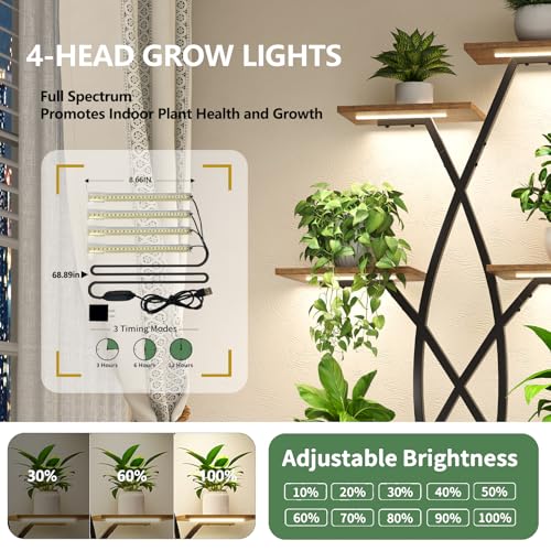 Image of Plant Stand Indoor with Grow Lights - 9 Tiered 66 inch Tall Metal Plant Shelf, Curved Plant Stand with Adjustable Feets for Multiple Plants, Corner Flower Shelf for Living Room, Patio