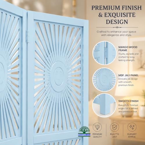 Image of Wooden Room Divider Partition for Living Room | Foldable 4 Panel Decorative Privacy Screen Separator for Home, Office & Bedroom | Modern (Light Blue)