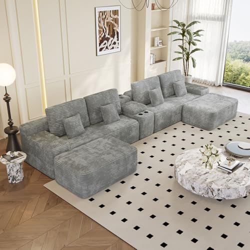 Image of KEIKI 150 inch U-Shaped Oversized Corduroy Modular Sectional Sofa with 2 Ottomans and Multi Functional Console, 6-Seater Upholstered Couch with USB and 2 Cup Holder, Easy Assembly, for Living Room, Grey
