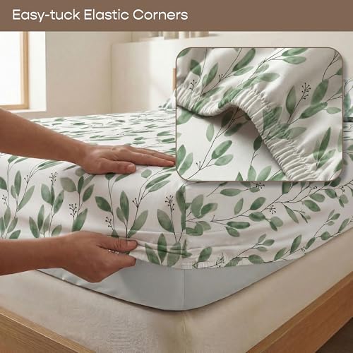 Image of SleepyCat 200TC Percale Fitted Sheets with 2 Pillowcases | 100% Breathable Cotton Bedsheet | Cool & Crsip Feel | 360 Elastic Grip for Easy Tuck| Ever Green, King Size, 78x72 Inch