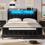 MSmask Queen Bed Frame with Hidden Storage Headboard and LED Lights, Upholstered LED Platform Bed Frame Queen Size with Charging Station, Sturdy Metal Slats, No Box Spring Needed, Black