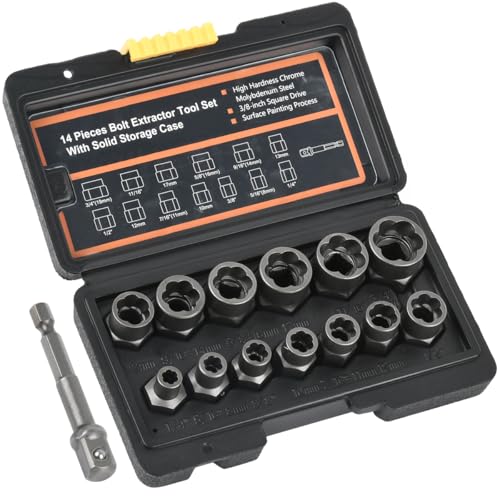 TMBMLPP Impact Bolt Extractor Set, 14pcs Nut Remover Set with 1/4'' to 3/8'' Hex Bolt Remover, Nut Extractor Set, 1/4''-3/4'' Twist Socket Tool Set, for Removing Damaged, Frozen, Rusted, Nuts Screws