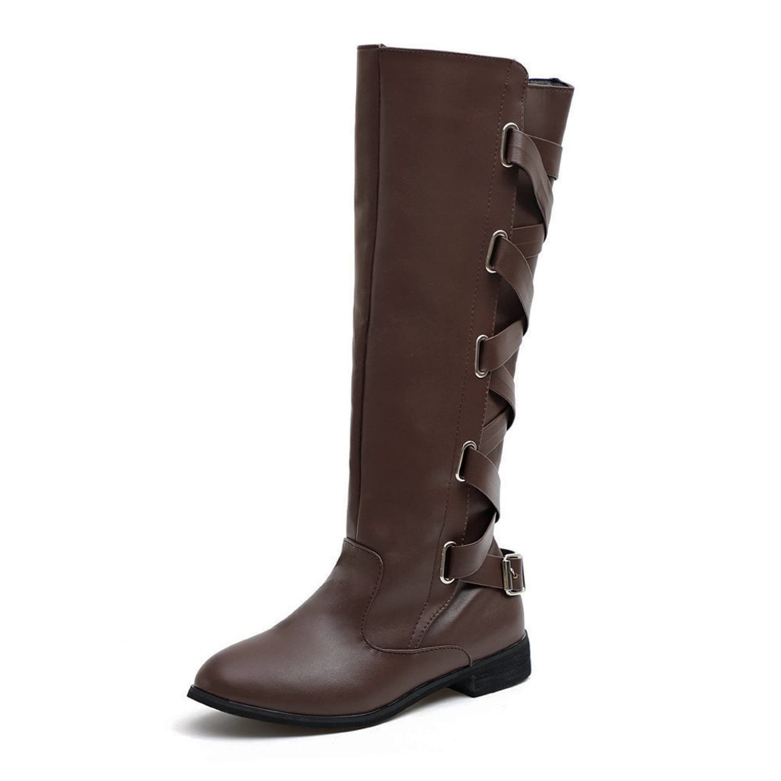 Botas hasta la Rodilla con Cordones para Mujer Botas de Nieve cálidas de Invierno Botas de Montar de Cuero para Mujer Botas de Tobillo Planas con Hebilla de cinturón para Mujer con Cremallera Lateral