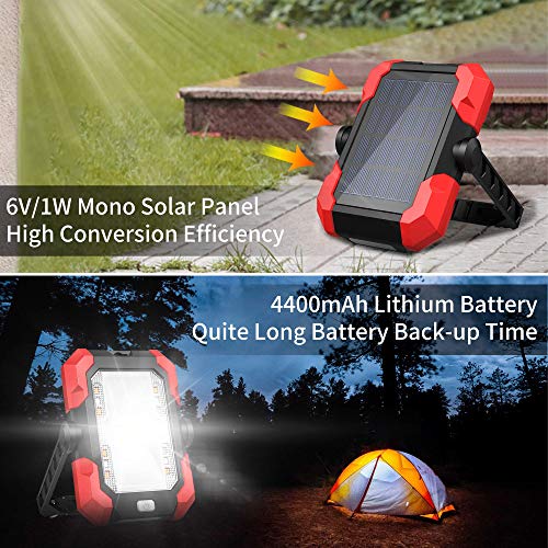 Portable Work Lights, 4400 mAh Solar LED Work Lights Outdoor Camping Lights, 4 Brightness Modes Waterproof LED Flood Lights with Stand for Construction Site, Jetty, Workshop, Garage