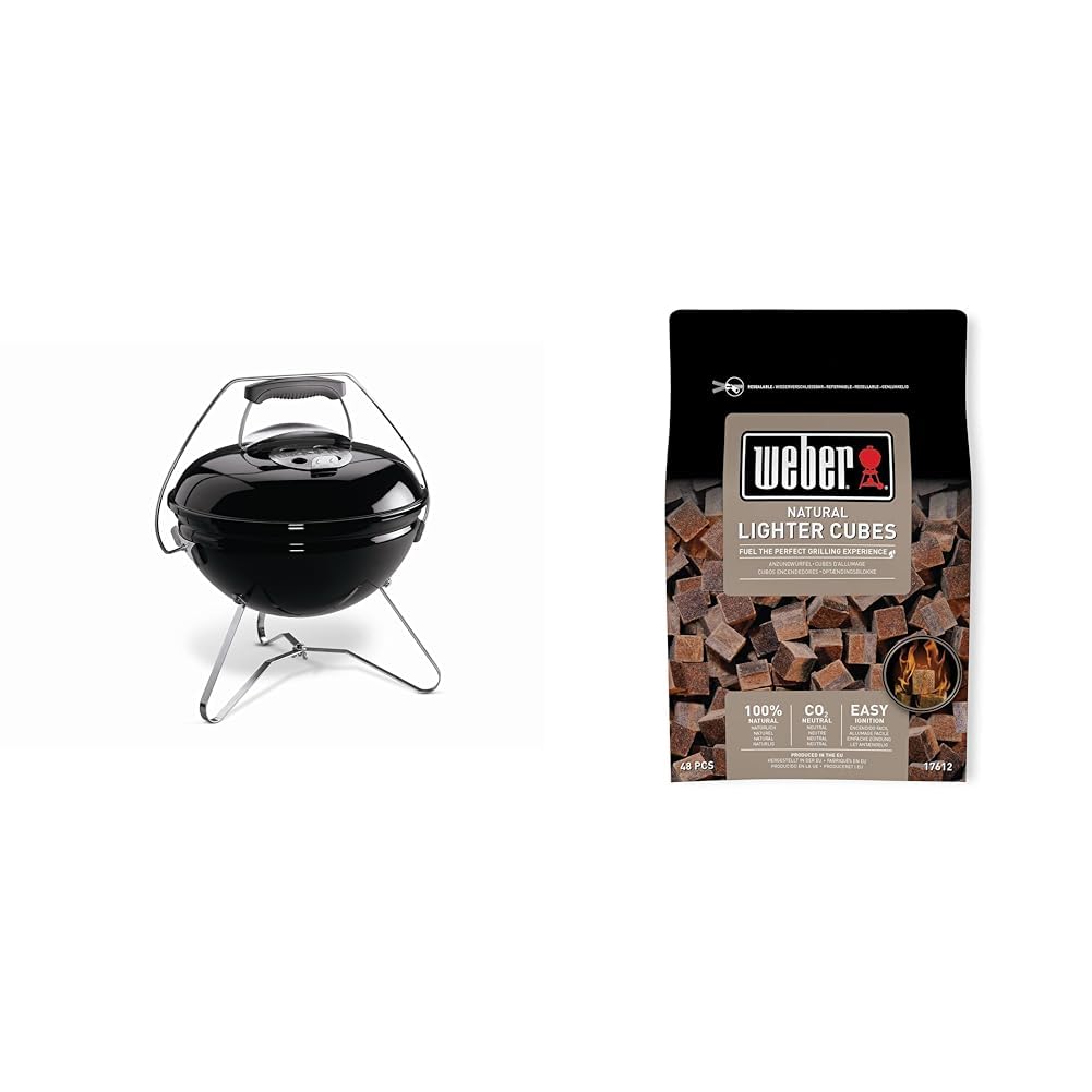 Weber Smokey Joe Premium Barbecue a Carbone, Maniglia per il trasporto, Ø 37 cm, Nero (1121004) + Weber 17612 - Cubetti Accendifuoco 48 Pastiglie, Marrone