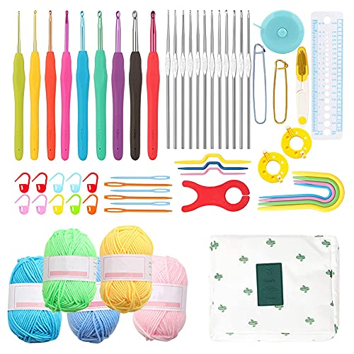 Katech Crochet Hooks with 5 pcs Random Colors Yarn Skeins for Crochet and Knitting, 58 Pieces Crochet Yarn Kits Ergonomic Crochet Needle DIY Yarn Weaving Tool for Beginners and Crochet Lovers (White)