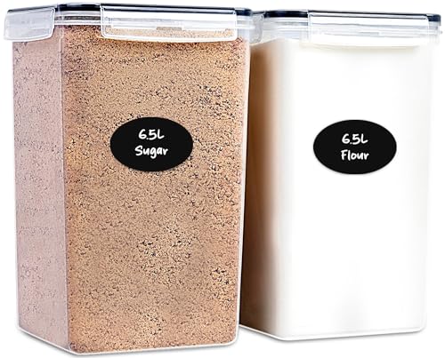 Image of Extra Large Flour and Sugar Storage Containers 6.5L /220 Fl. oz; Set of 2 Plastic Bulk Airtight Food Storage Rice Containers With Lids - Kitchen Pantry Organizer and Storage Canisters, Marker & Labels