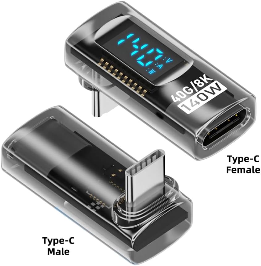 Adapter Transparent Type-C Smart LED Display USB-C Male to Female Extension Adapter USB4.0 40Gbps 140W Up Down Angled 90 Degree Current Voltage Monitoring