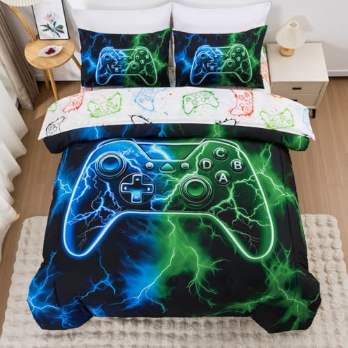 Meeting Story 5-Piece Boys Bedding Set Queen Size Green and Blue Game Console Kids Bed in A Bag Soft Lightweight Video Gamepad Bedroom Set(Bluegreen)