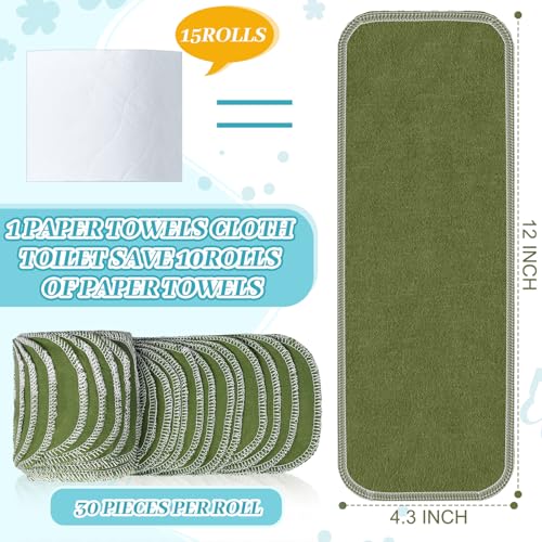 Image of FuWeave 30 Pack Reusable Toilet Paper No Tear Bidet Towels, Green | Washable 11.8 inch x 4.3 inch Cotton Flannel Family Cloth Wipes with Snaps, Paperless Roll for Bathroom, Travel, Cleaning and Drying