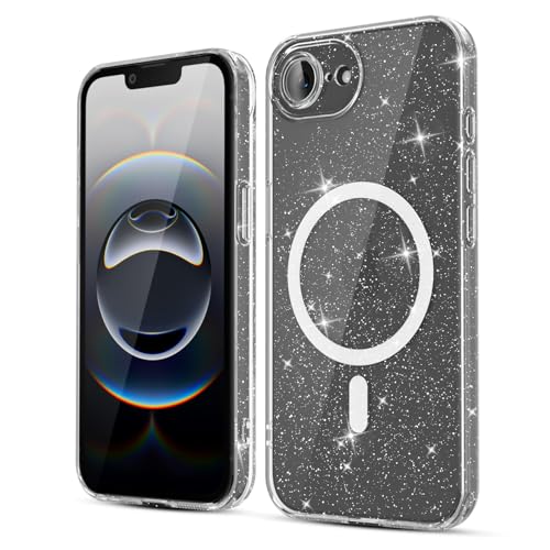 LoeoeL for iPhone 17e 16e Case Clear Glitter Magnetic, Transparent Sparkly TPU Silicone Compatible with Magsafe Phone Case for Women, Bedazzled Bling Sparkle Slim Thin Soft Bright Glossy Jelly Gel