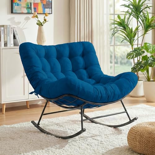FYRICKYLINOO Cushioned Papasan Rocking Chair for Outdoor Indoor, Oversized Outdoor Rocking Chair with Cushion, Egg Rocker for Patio, Porch, Balcony, Lawn, Bedroom, Living Room, Navy Blue