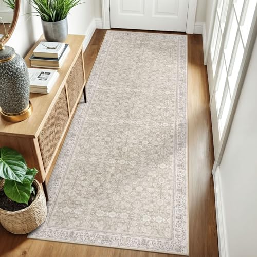 3x8 Cream Beige White Grey Washable Runner Rug for Kitchen, Soft Classic Runner with Non-Slip, Non-Shedding Distressed Floral Rug for Hallways Entryway Bedroom Laundry Indoor