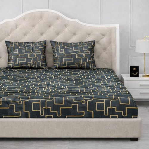 Image of 300 TC Cotton Feel Glace Cotton Elastic Fitted Bedsheet for King Size Double Bed | Fits up to 8 Inch Mattress | Printed Bedsheet with 2 Pillow Covers (Zik Zak, Double Size - 72 inchx72 inch)