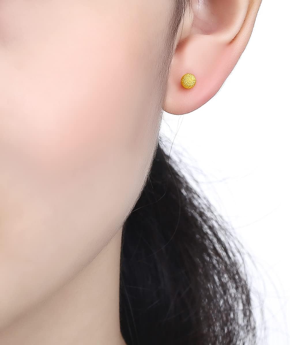24K Gold Earrings Ball Stud Earring Hypoallergenic Round Post Studs Small Bead Statement Jewelry Lightweight Tiny Trendy Dainty Simple Classic 999 Yellow Gold Gifts for Women Men Birthday Christmas