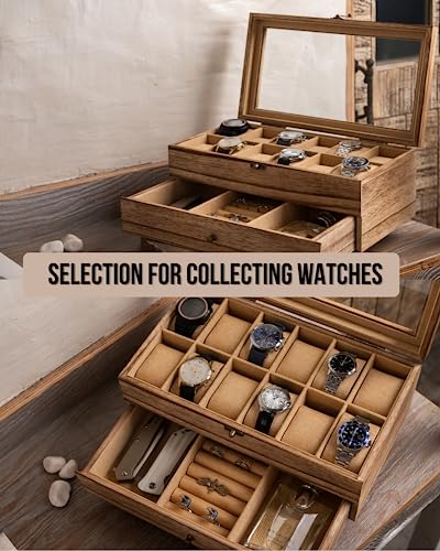 Exper City Watch Box, Watch Case For Men Women With Large Glass Lid, Wooden Watch Display Storage Box With 2 - Layers & 12 - Slots, Wood Mens Watch Box Organizer #TOP2