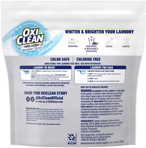 Miniatura 2 de OxiClean Triple Action White Revive - Blanqueador de ropa y polvo removedor de manchas, uso con detergente, blanquea e ilumina la ropa, elimina las