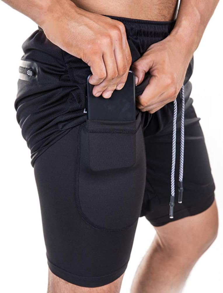 YSENTO Mens Running Gym 2 in 1 Sports Shorts Breathable Outdoor Workout Training Shorts with Pockets(Black,L)