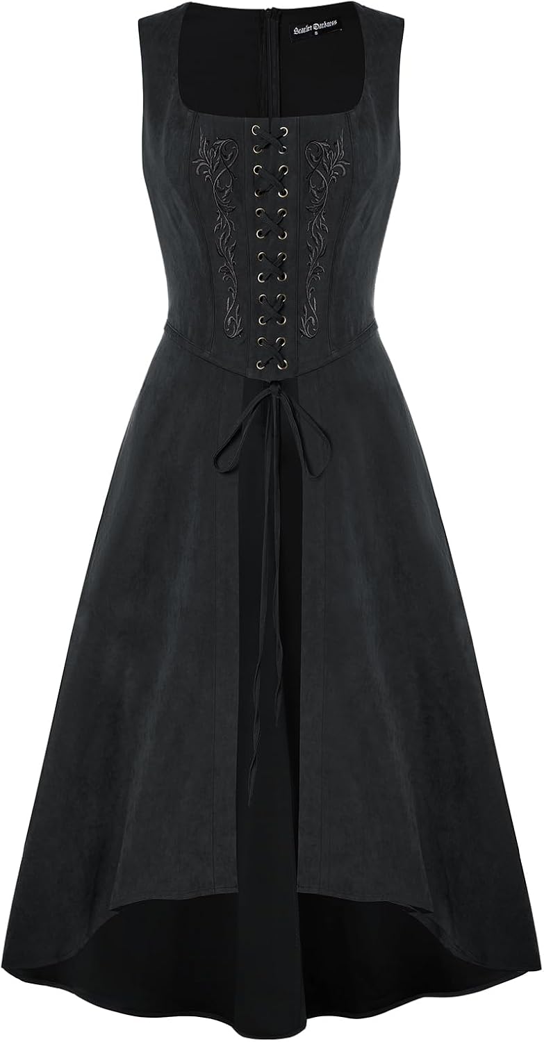 Scarlet Darkness Renaissance Dress Women Pirate Halloween Witchy Cosplay Overdress with Pockets