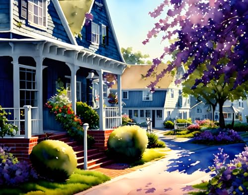 Affiche Martha's Vinyard streetscape toile murale 50x70cm décoration aquarelle