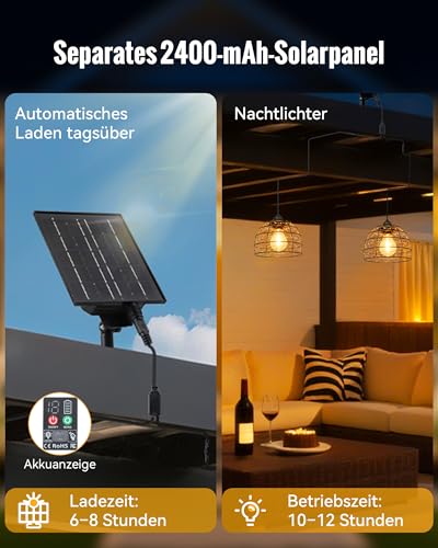 FabStyl Solar Hängeleuchte für Außen Innen, 1 Solarpanel versorgt 2 Boho Solarlampen mit Fernbedienung Helligkeit einstellbar, Timer IP65 wasserdicht für Garten Terrasse Pavillon Garage Balkon