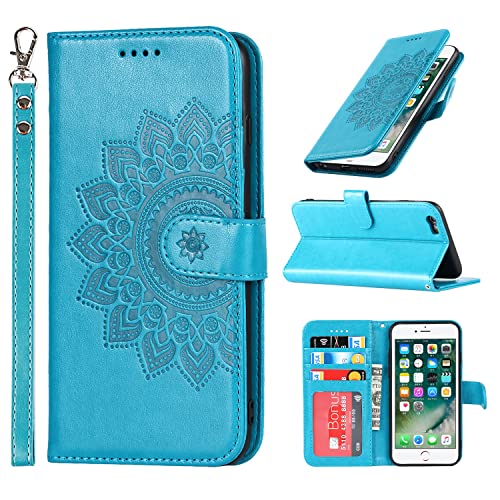 ELTEKER Coque pour iPhone SE 2022/SE 2020/8/7, Etui Portefeuille en Cuir PU avec Fentes pour Cartes, Fermeture Magnétique, Protection Housse - Bleu