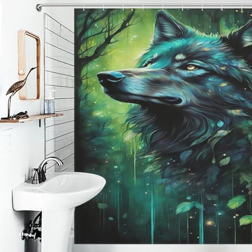 Rideau de douche loup imperméable et lavable pour baignoire