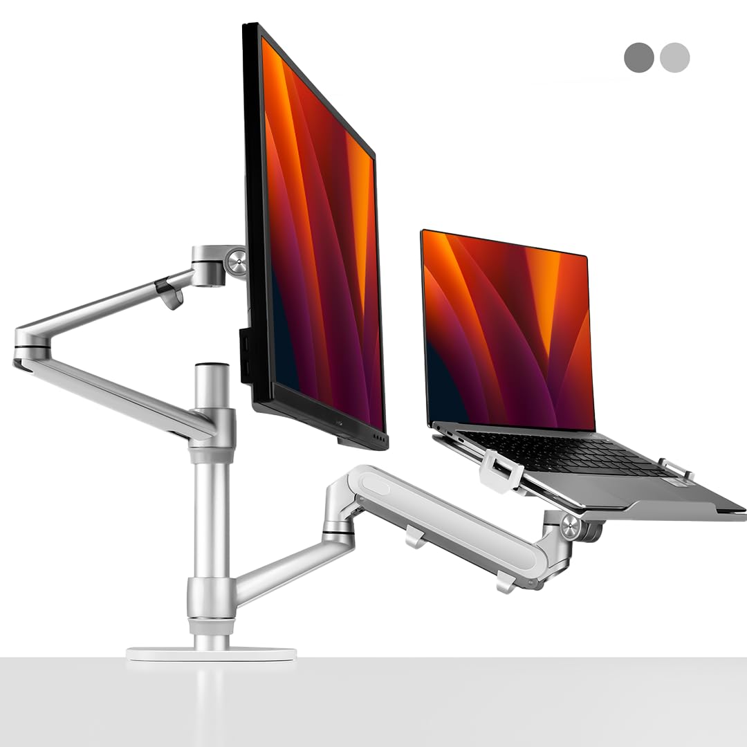 Supporto per laptop e monitor 2 in 1 con molla a gas, supporto regolabile a doppio braccio per laptop da 12-17" e monitor da 17-32", design ergonomico, regolabile in altezza e inclinabile,