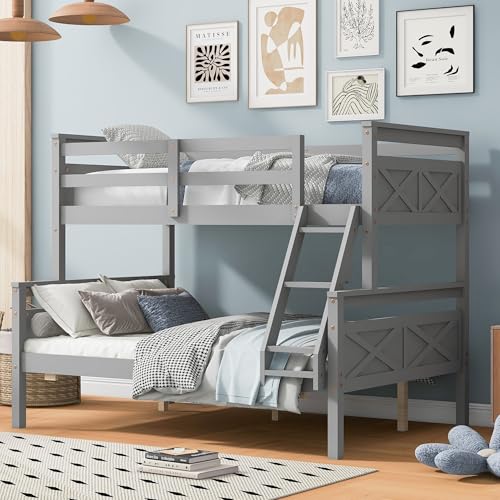 Merax Wood Bunk Bed,Twin Over Full Bunk Beds with Ladder,Safety Guardrail,Can be Separated into 2 Platform Beds,Perfect for Bedroom Kids Adults,Gray
