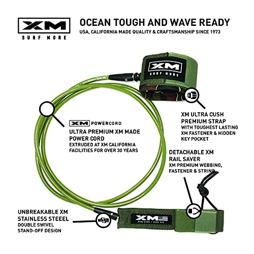 Xm Surf More Premium Surfboard Leash, 8Ft, Made In Usa, Regular Cord Thickness (1/4In,7Mm), Key Pocket, Unbreakable Swivels, Detachable Railsaver, Camo, Kink-Free [3 Year Warranty] #TOP2
