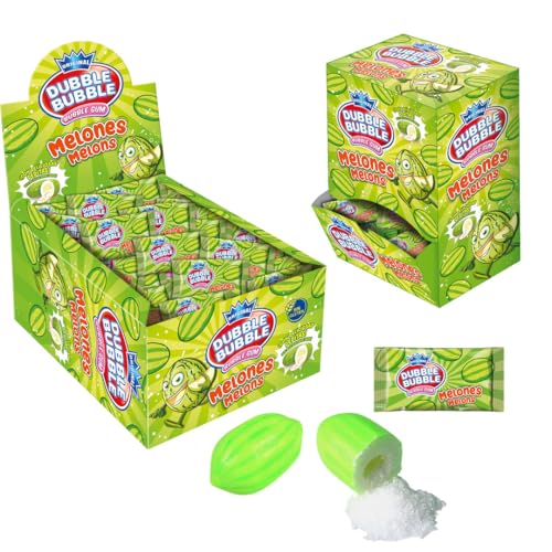 iChuches- Chicle Dubble Bubble – Estuche – Fresa, Menta con azúcar o Fresa Sin Azúcar, acidos y Melones con pica – Chicle Clásico Americano – Ideal para Fiestas y Regalos (90u, Melon con Pica)