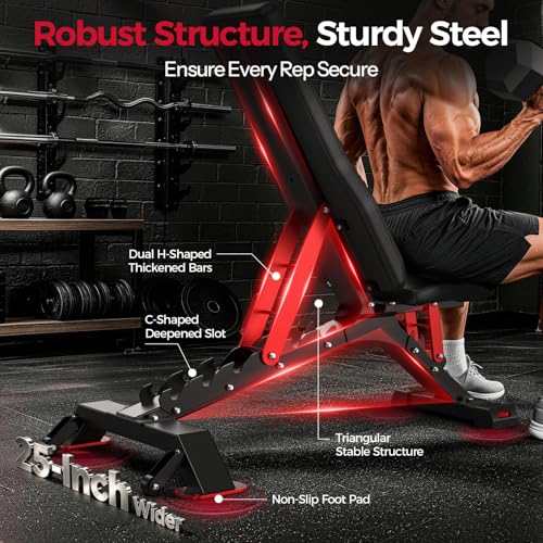Image of FLYBIRD WB7 Weight Bench, 1300LBS Commercial Adjustable Weight Bench, Workout Bench for Home Gym, Flat Incline Bench Press Heavy Duty Bench with 34'' Extra-Long Backrest and Easy-Roll Wheels