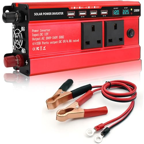 2000W Power Inverter 12V to 240V - Car Inverter DC 12V to AC 240V UK with LED Display, Pure Sine Wave Inverter with 3 UK Sockets and 4 USB for Outdoor Activities and Travel