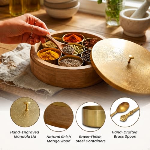 Image of SYPHER Wooden Masala Box with 7 Containers (120 ml Each) | Acacia Wood Masala Dabba for Kitchen | Traditional Indian Spice Box Organizer | Multipurpose Storage | Gift for Wedding & Housewarming
