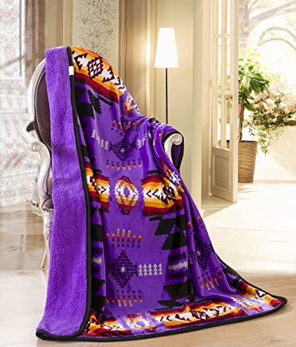 Nu Trendz Signature Southwest Design (Navajo Print) Sherpa Lined Throw 16112 Purple #TOP5
