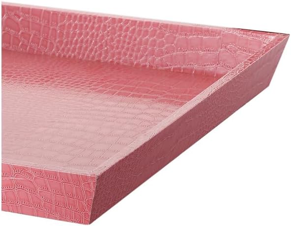 HomeStock French Flair 17.7" Decorative Serving Tray Leatherette Upholstery Pink Faux Leather Square Raised Sides Textured Surface Elegant Look