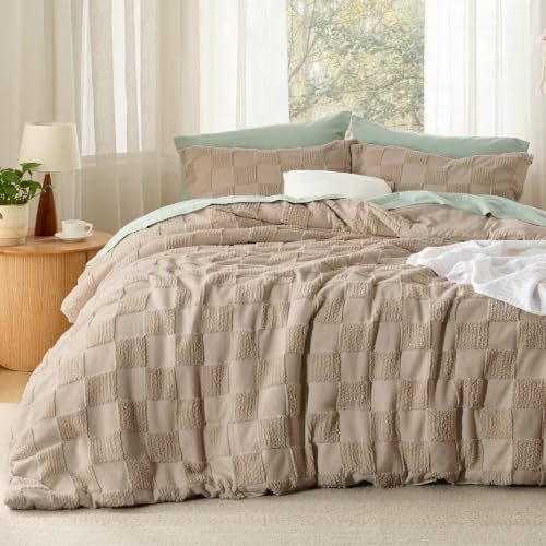 Image of Bedsure Full Size Comforter Set Khaki, Boho Tufted Bed Set, Checkered Farmhouse-Style Distressed Vintage Bedding, 3 Pieces, 1 Plaid Geometric Comforter and 2 Pillow Shams