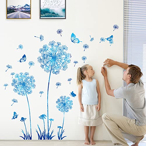 Buiory Removable 3D Dandelion Wall Decals Flowers And Flying Butterfly Wall Stickers Murals Self-Adhesive Peel And Stick Falling Dandelions Decor For Girls Bedroom Living Room Nursery Baby Children's Playroom Wall Background Decoration (Sky Blue) #TOP7