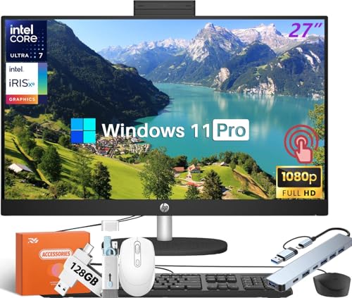 Image of HP 27 inch FHD Touchscreen All-in-One Desktop, Intel Ultra 7 155U 12-Core(Up to 4.8GHz), 64 GB DDR5, 2 TB SSD, Intel IrisX Graphics, Copilot AI, Windows11 Pro, Wi-Fi 6E, Wired KB&Mouse, w /Accessories