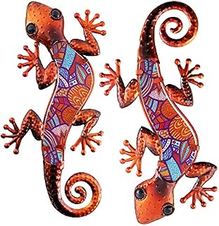 HONGLAND 2Pcs Metal Gecko Wall Decor Lizard Garden Art Color Hanging Glass Sculpture for Indoor Outdoor Patio Fence (Red), 12 Inch