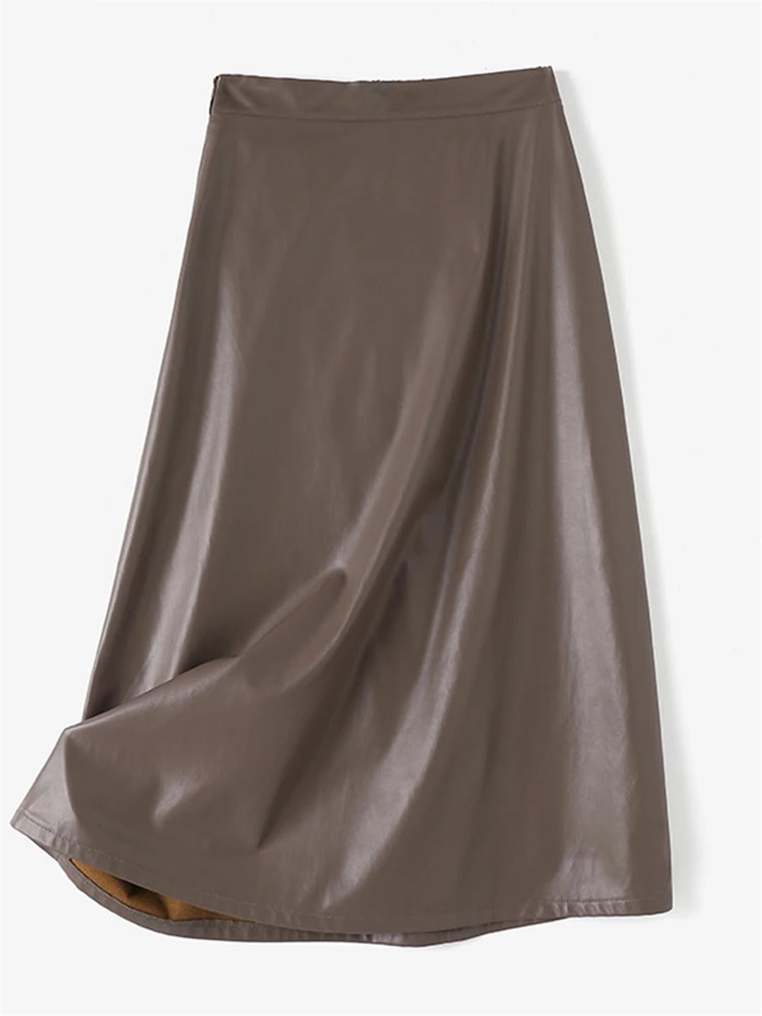 Suwequest Women High Waist Solid A-Line Skirt PU Leather Skirt Autumn Party Casual Work Midi Skirt