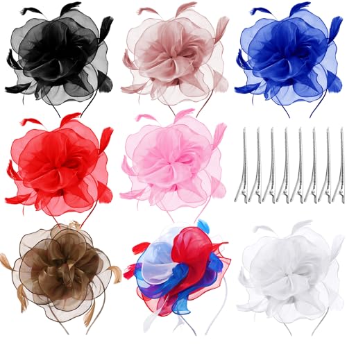 Yunsailing 8 Pack Fascinator Hats for Women Tea Party Derby Hats Mesh Flower Veil Feathers on a Headband and a Clip(Chic Colors)