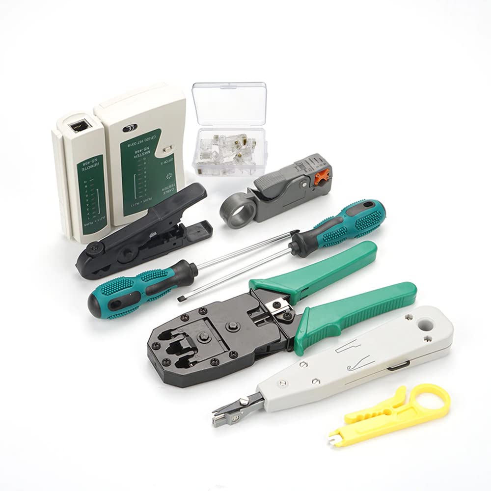 Retoo Juego de herramientas de red profesional 9 en 1, en estuche, comprobador de cables LAN para RJ45, RJ1, kit de comprobación de cables, herramientas de reparación para instalaciones de cables