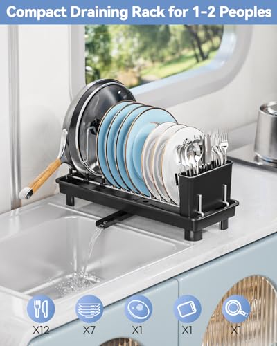 LIONONLY Small Dish Drainer with Drip Tray,Compact Dish Drying Rack for Kitchen Counter,Stainless Steel Sink Drainer with Utensil Holder,Swivel Drainage Spout,Space Saving Plate Rack - Image 6